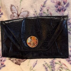 Elliott Lucca Black Leather Envelope Clutch with Gold Medallion